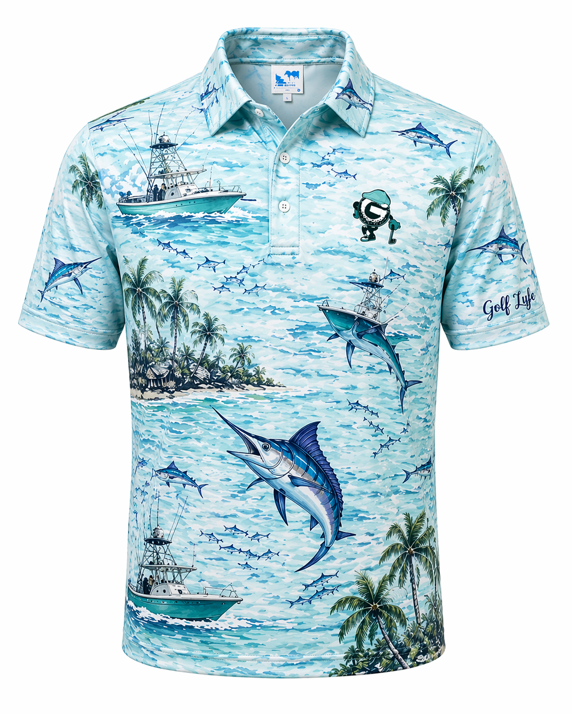 Golf Lyfe ocean print  logo polo front view

